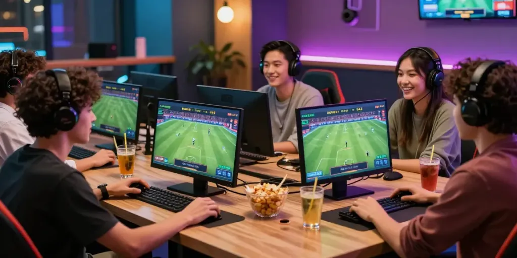 Engaging moment at Man88 gaming lounge with friends betting on sports.