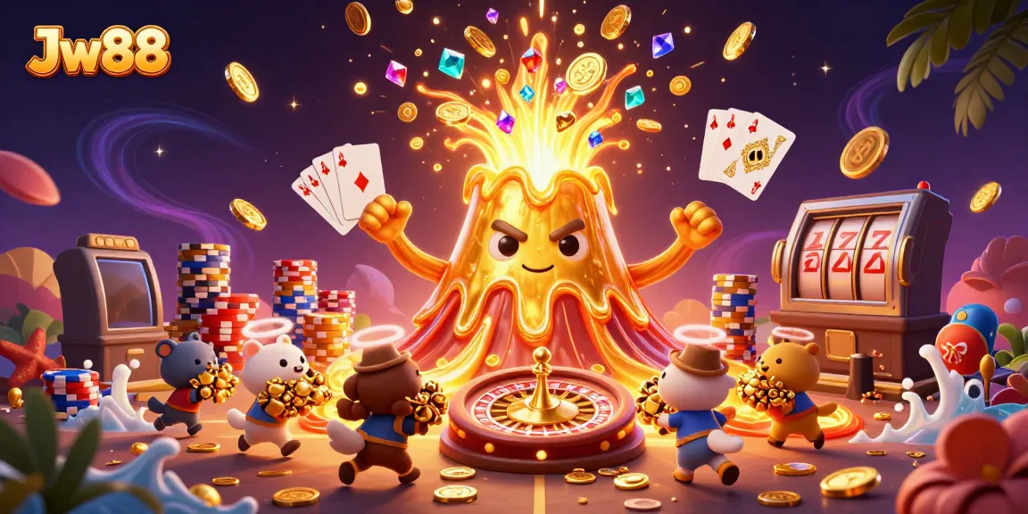 Experience excitement with Jw88 as coins and gems spill from a triumphant golden volcano.