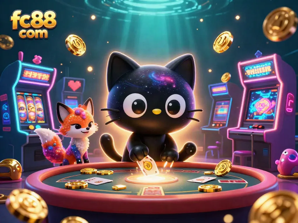 Experience exciting gameplay at fc88 com with a vibrant cosmic casino filled with slot machines and animated characters.
