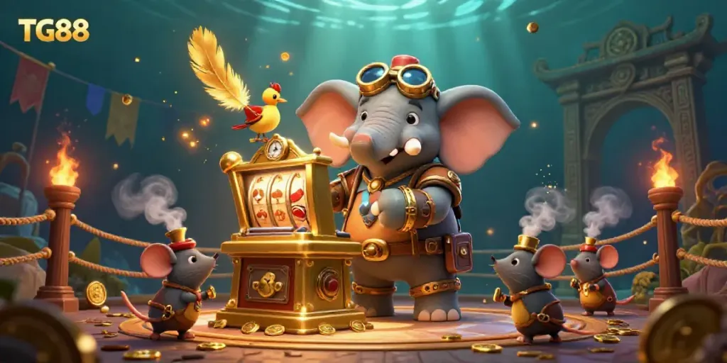 Experience thrilling gambling action with TG88's vibrant 3D casino illustration featuring steampunk elements and dynamic gameplay.