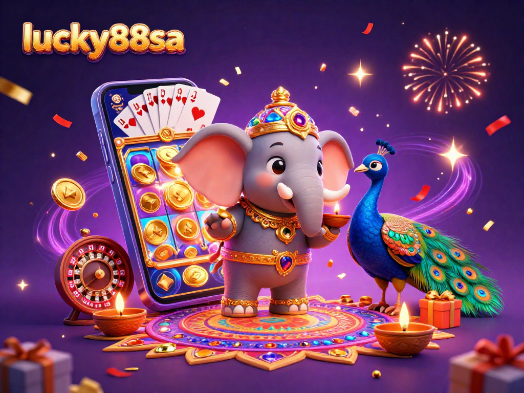 Engage with lucky88sa's vibrant gaming world featuring a colorful casino scene with dynamic characters and slot elements.