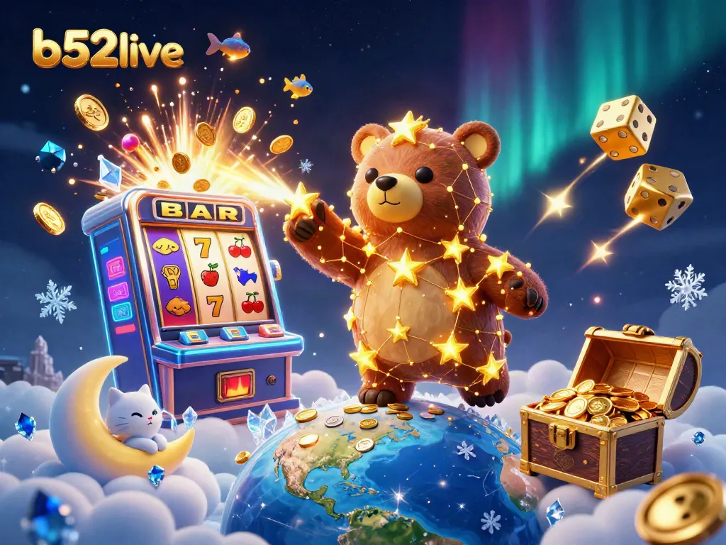 Experience exciting wins at b52live with a cosmic scene of a slot machine surrounded by stars and treasure.