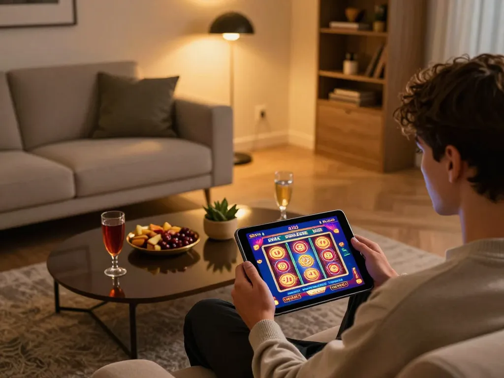 Player enjoying 99ok online slots on a tablet in a cozy environment with vibrant gaming interface.