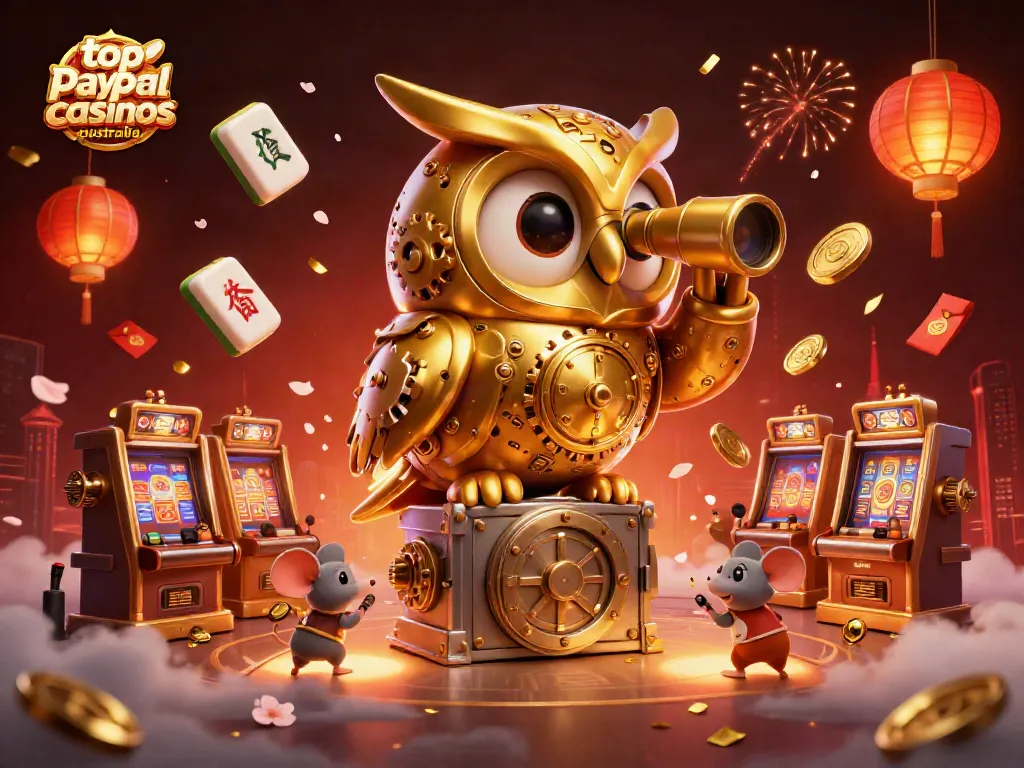Experience thrilling gameplay at the top paypal casinos australia with golden owl scanning the vibrant casino for winning opportunities.
