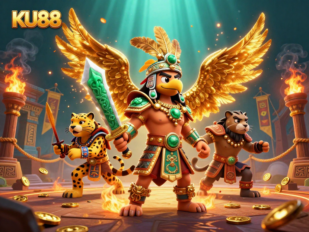 Engage with KU88's thrilling gaming scene featuring an Aztec warrior and vibrant casino elements.