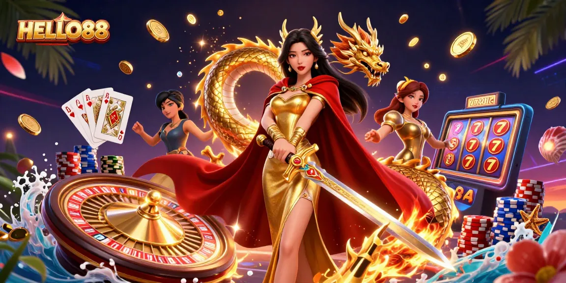 Engage with HELLO88's vibrant casino scene featuring Asian warrior queen, gold coins, and dynamic gaming elements.