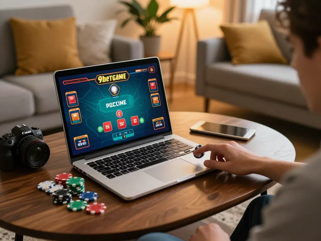 Engaging moment in 9betgame blackjack, player ready to make a strategic decision at home.