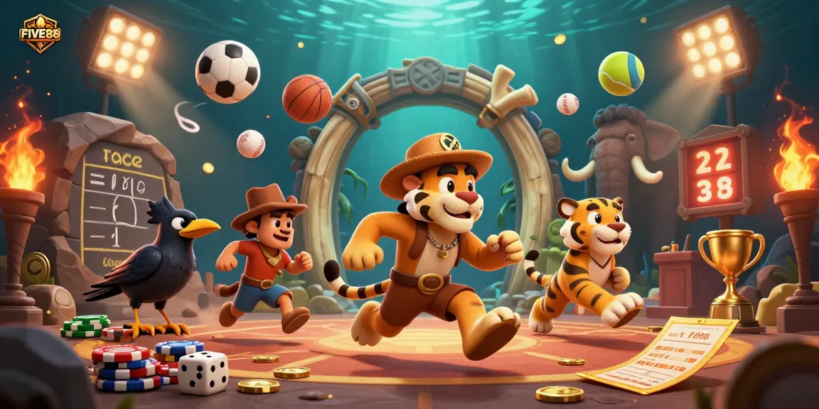 FIVE88 thrilling casino experience with 3D cartoon characters and dynamic gambling elements.