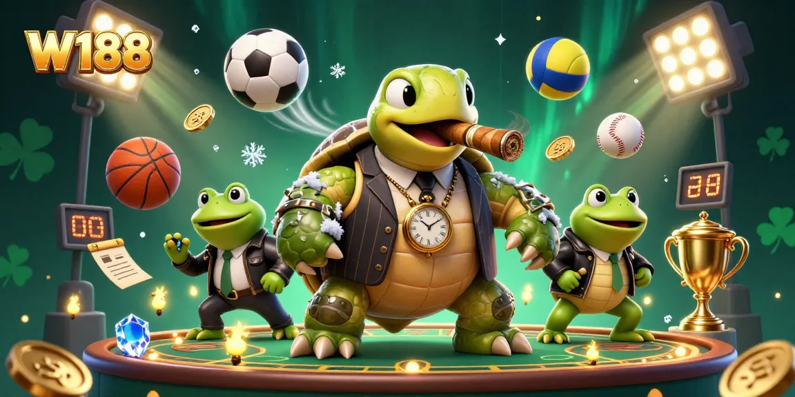 Play at W188 with a dynamic casino scene featuring a cartoon turtle, bullfrogs, and sports elements.