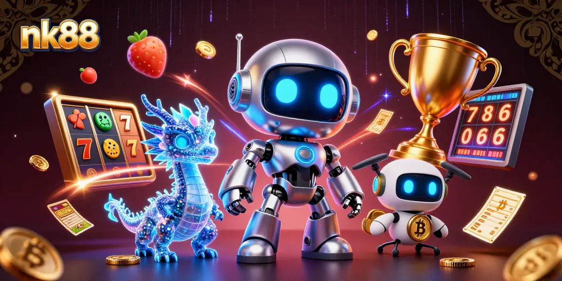 nk88 features a vibrant 3D animated scene showcasing a futuristic robot, exciting slot games, and dynamic casino action.