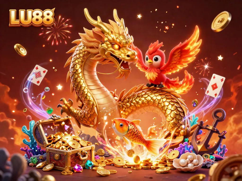 Experience winning moments at LU88 with fiery dragon, phoenix, and koi in a vibrant casino scene.