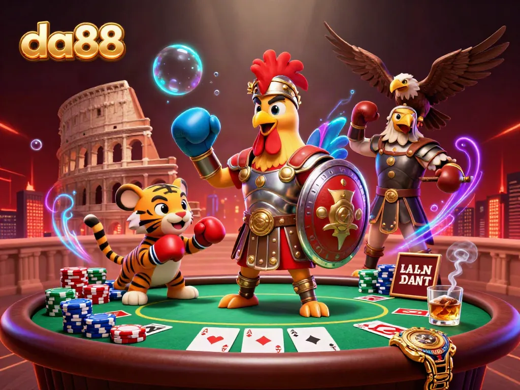 Experience exciting gameplay at da88 with a lively scene featuring a gladiator rooster, poker elements, and vibrant colors.