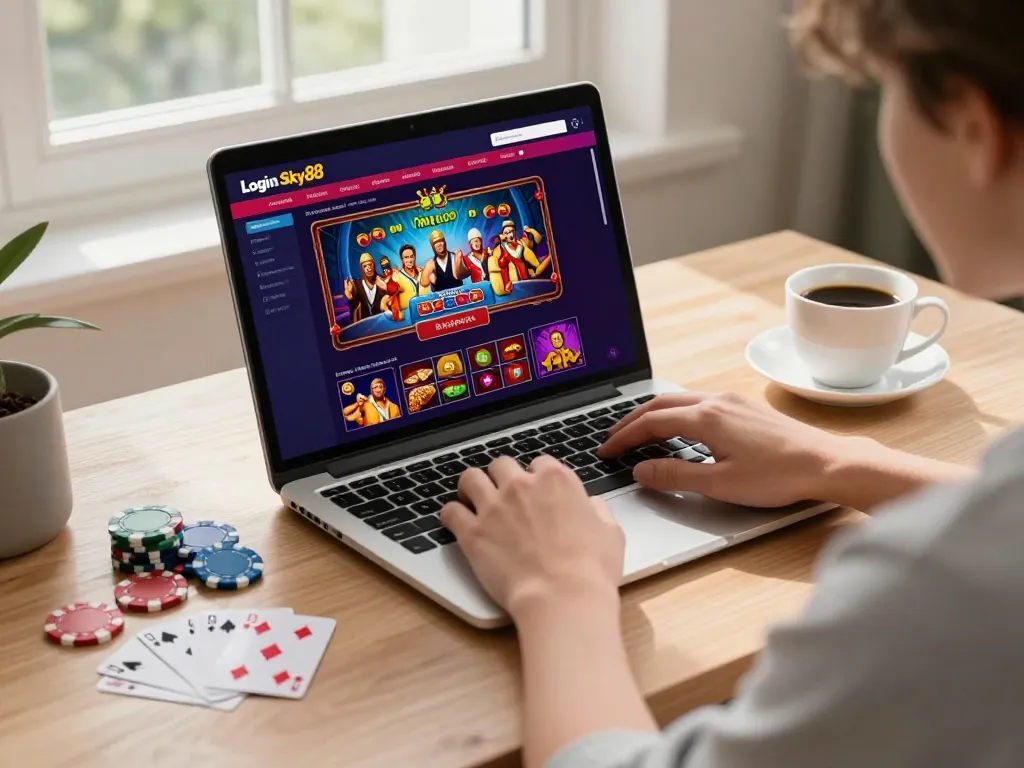 Login Sky88 for an online casino experience with a vibrant user interface in a cozy home setting.