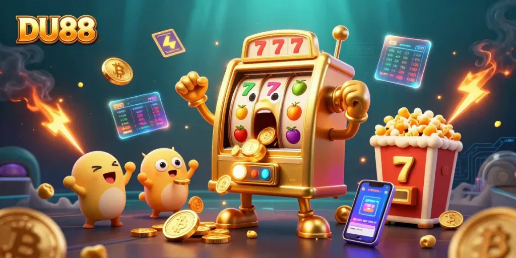 DU88 slot machine hitting a jackpot, surrounded by cheerful baby slots, with crypto elements.