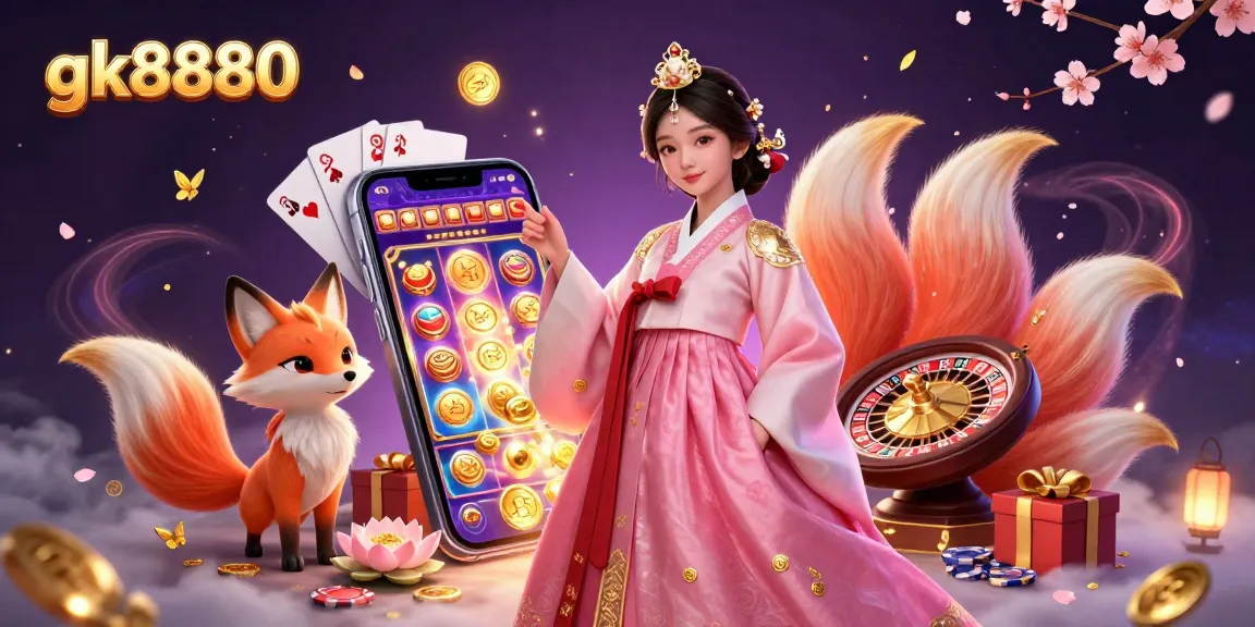 Experience exciting gameplay at gk8880 with a glamorous Asian woman and a lucky fox, surrounded by vibrant casino elements.