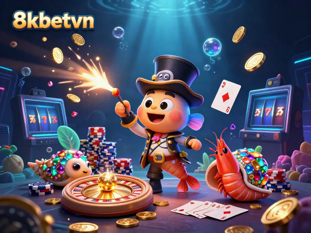 Engage in thrilling action at 8xbetvn with vibrant sea characters attracting jackpot treasures in a dynamic casino vibe.