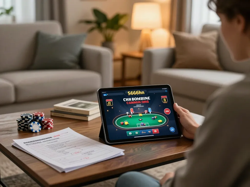 S666HN player engaging in online poker betting on tablet in cozy living room