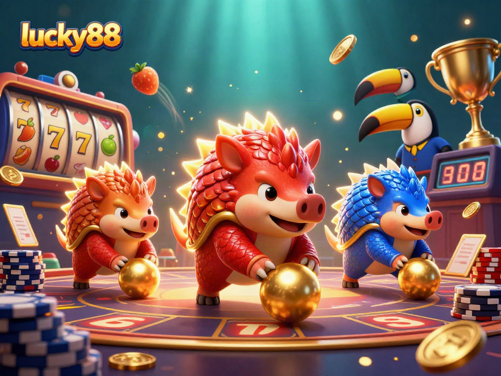 Experience the excitement of lucky88 with competing pangolins in a lively casino game scene.