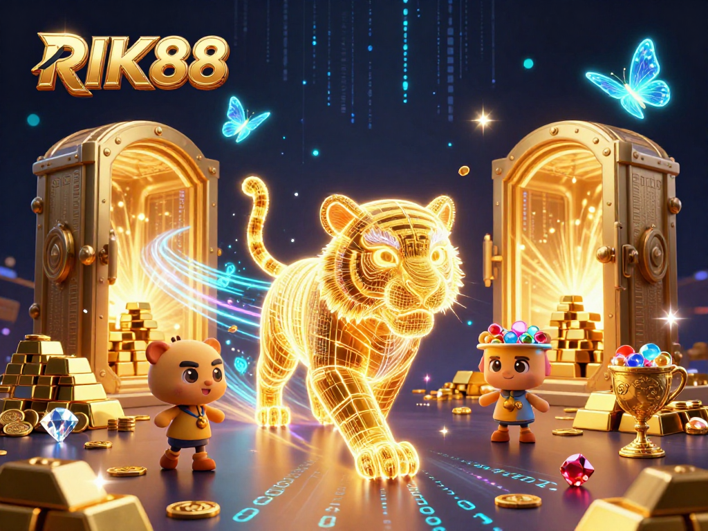 Experience thrilling gaming at RIK88 with a neon tiger amidst a vibrant casino scene.