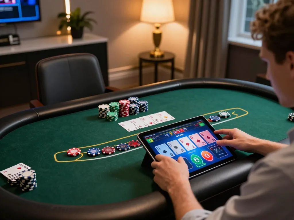 Person engaged in online poker game at rikvip using a tablet, vibrant game interface visible.