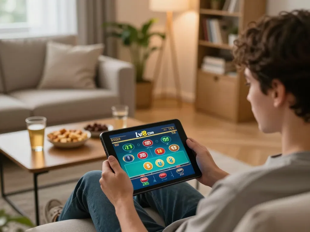 Betting on lv88 com with a tablet while relaxing on the sofa in a cozy home setting