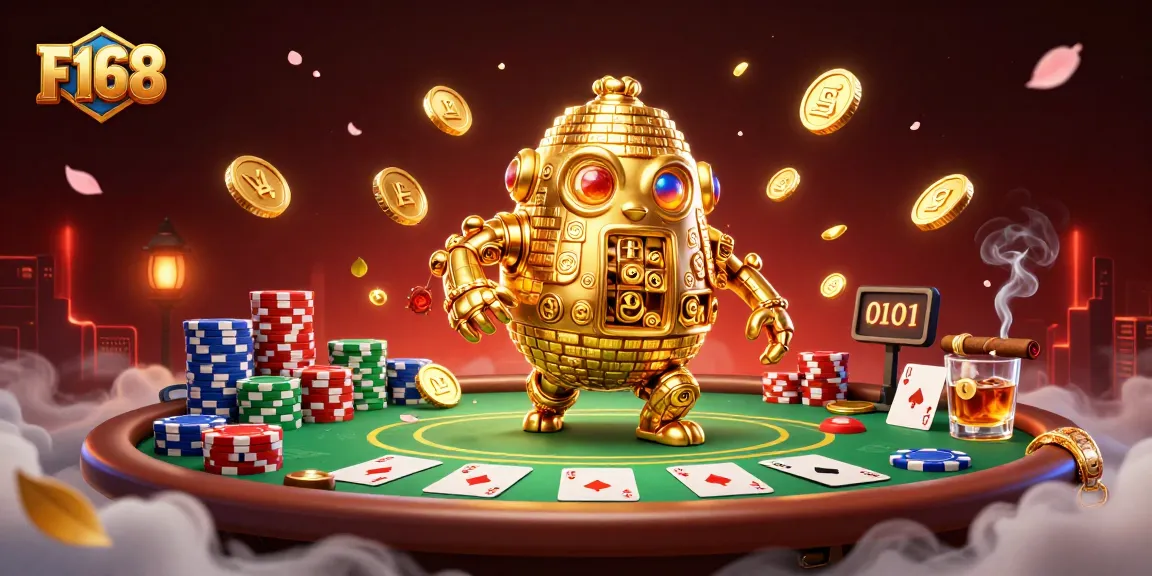 Spin the reels of luck with F168's vibrant casino scene showcasing a golden golem and poker elements.
