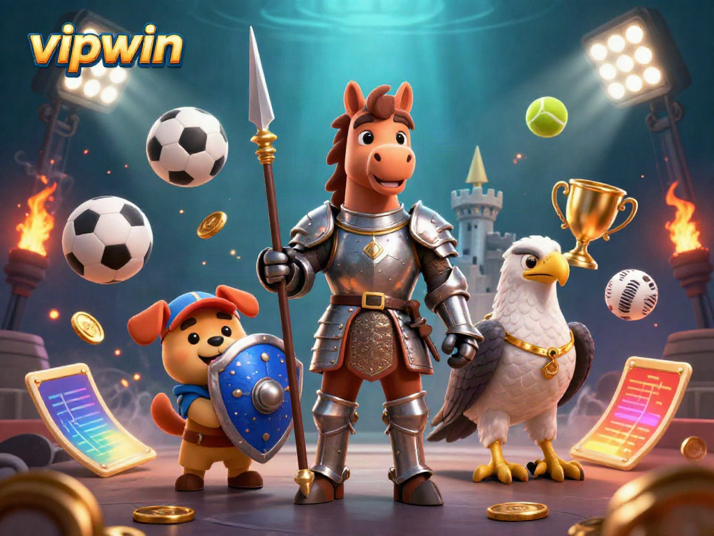 Win big with vipwin as knights and a puppy compete in a lively gambling scene.