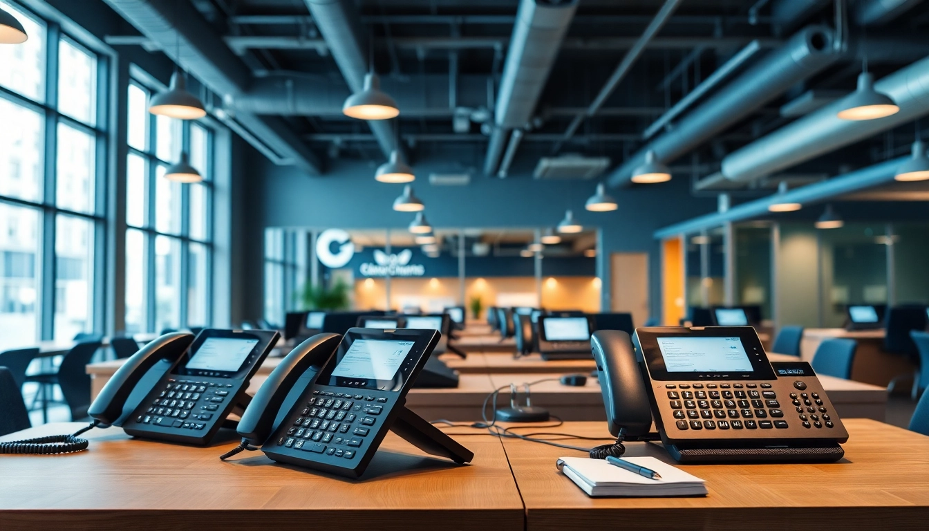 Showcasing business phone providers in a modern office setup, highlighting sleek communication tools.