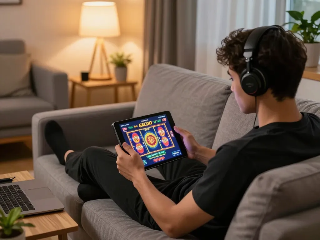 Playing slot gacor on a tablet while relaxing at home in a cozy setting