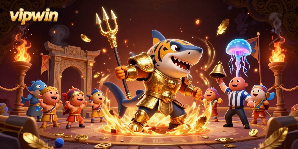 Experience the excitement of vipwin with a tiger shark in gladiator armor in a vibrant underwater arena.