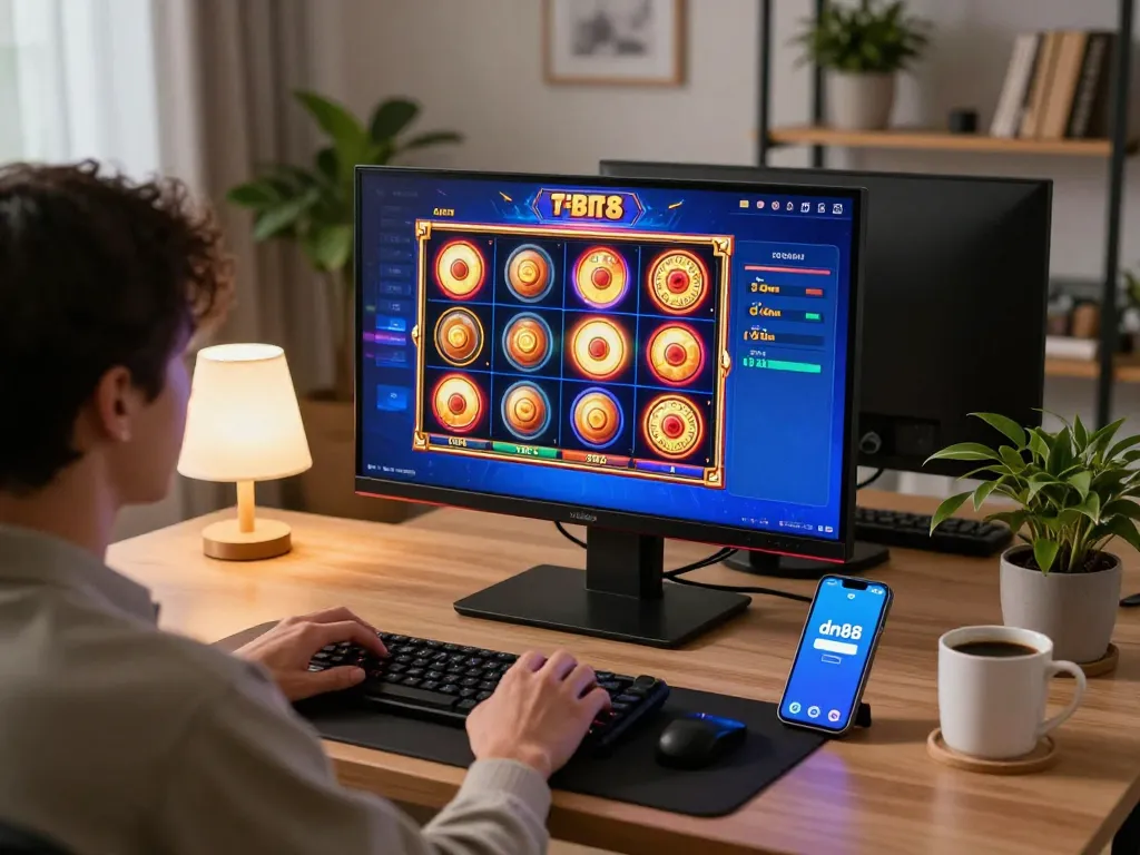 Player enjoying an exciting online slot game on dn88, with colorful reels spinning on screen in a cozy home setting.