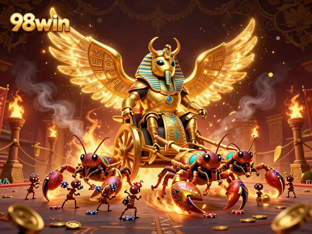 Spin exciting games at 98win with a colorful 3D casino illustration full of action.
