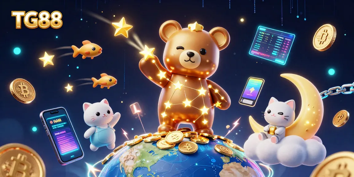 Experience thrilling gameplay at TG88 with a constellation bear scooping coins among vibrant casino elements.