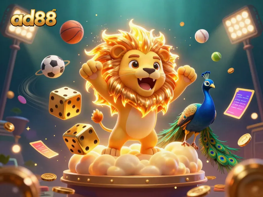 ad88 showcases vibrant 3D casino elements with a lion, golden dice, and dynamic sports graphics.
