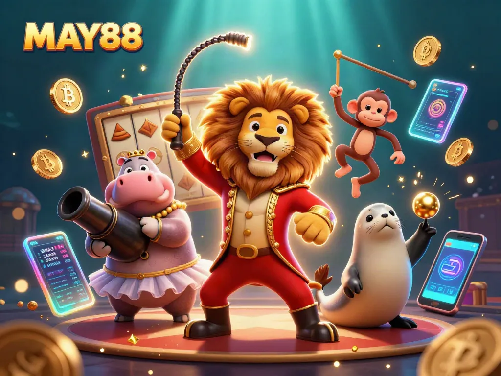 Experience the excitement of MAY88's slots and jackpots with colorful 3D characters and vibrant casino elements.