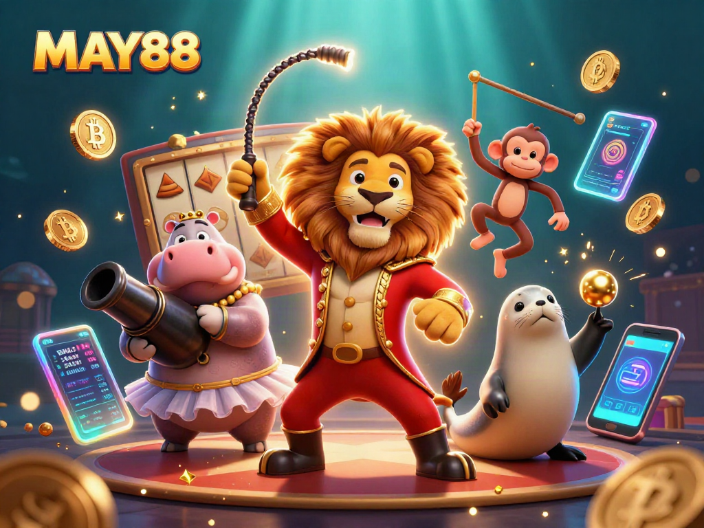 Experience the excitement of MAY88's slots and jackpots with colorful 3D characters and vibrant casino elements.
