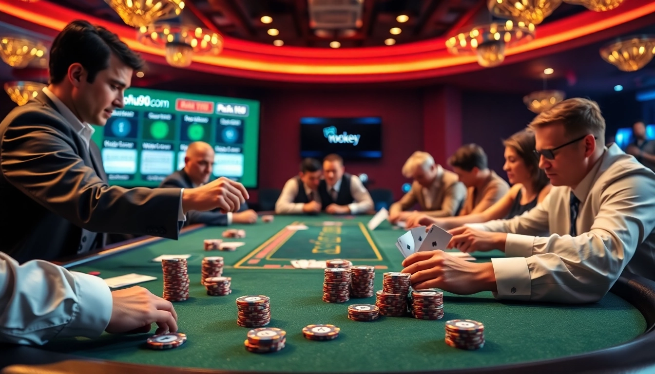 Engaging poker game action at Nohu90 com with players and vibrant chips in a luxurious setting.