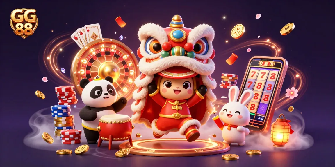 Experience GG 88's colorful casino atmosphere with dynamic coins, cards, and characters celebrating in a vibrant setting.