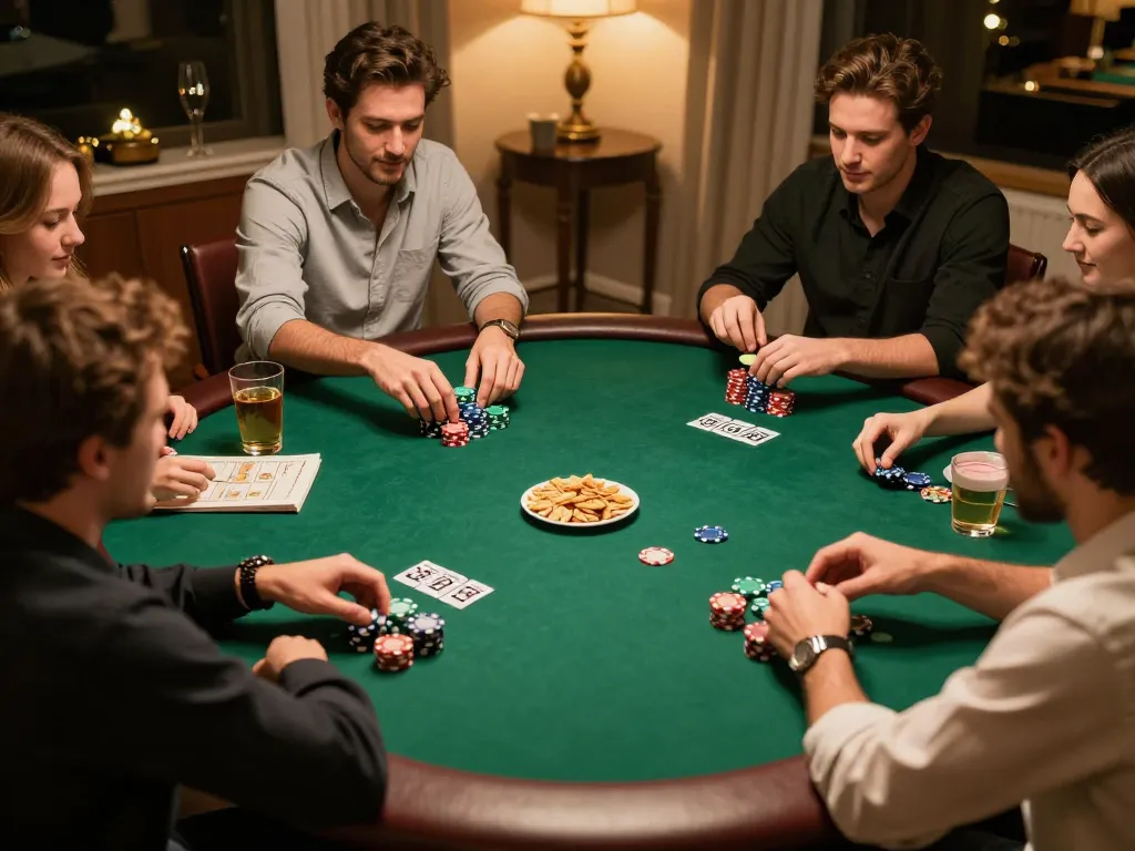 Friends enjoy a thrilling poker game night at home while discussing keonhacai strategies.