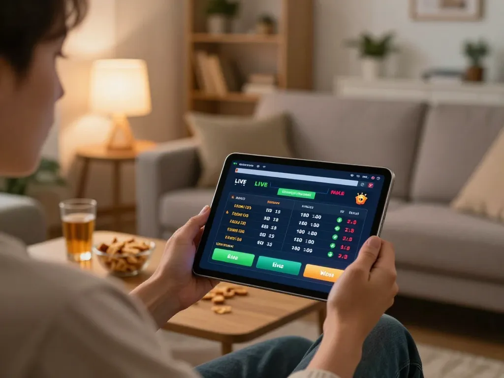 Bong88v user actively placing bets on sports through an online platform, showcasing live betting options in a cozy home environment.