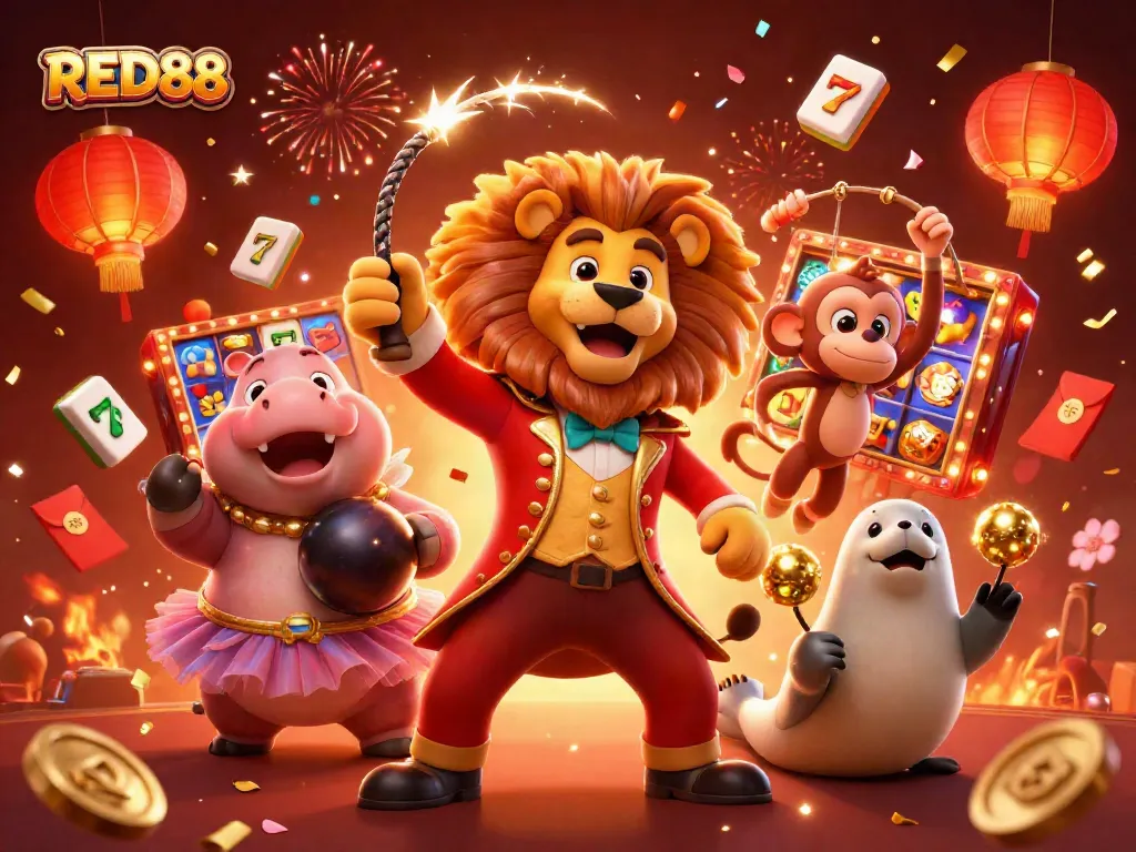 Experience the excitement of RED88 slots with vibrant 3D characters and casino elements in this engaging illustration.