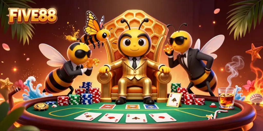 Engage in high-stakes poker at FIVE88 featuring vibrant gaming elements and thrilling characters.