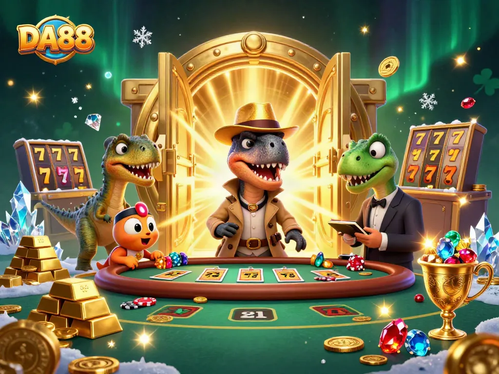 Experience thrilling gameplay at DA88 with a velociraptor disguising at a blackjack table amidst treasure.