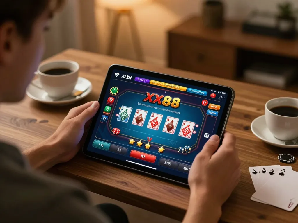 Engaging player participates in a strategic xx88 poker game on a tablet in a cozy home setting.