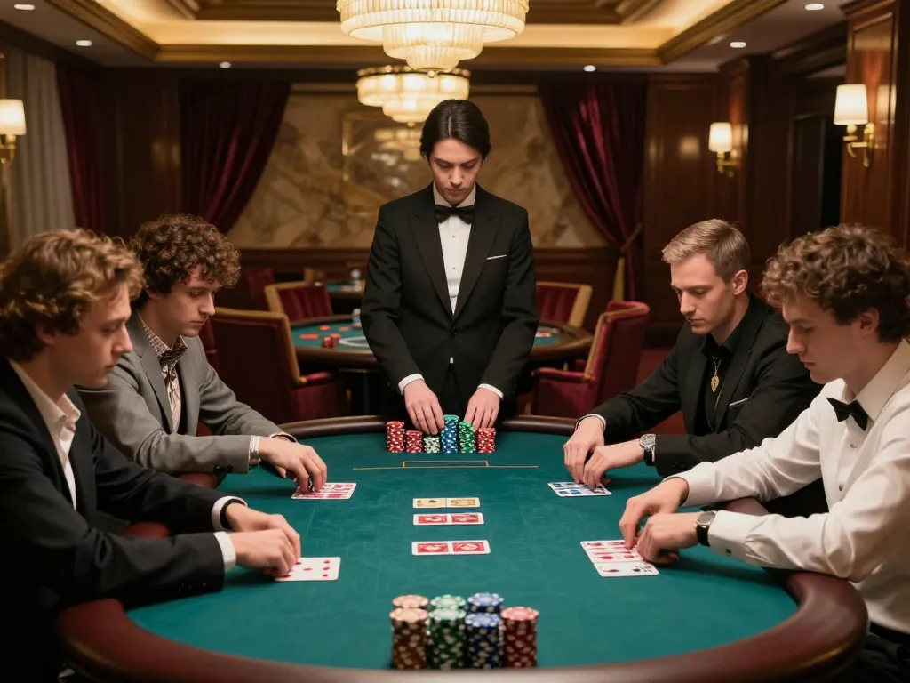 Intense poker game at upscale casino featuring Da88 players focused on their strategy