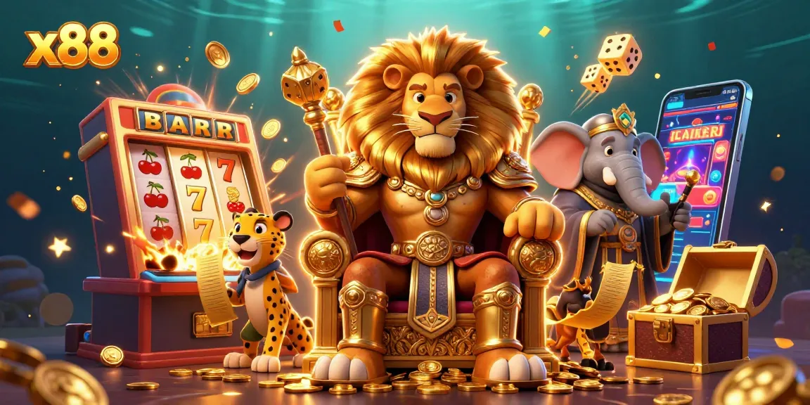 X88 players enjoy a vibrant casino scene with a lion king, elephant advisor, and cheetah messenger celebrating jackpot wins.