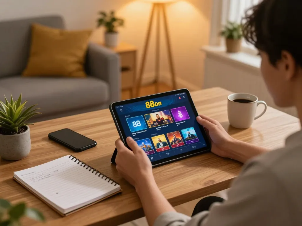 Player interacting with one88on app during home gaming session, displaying tablet with vibrant casino interface.