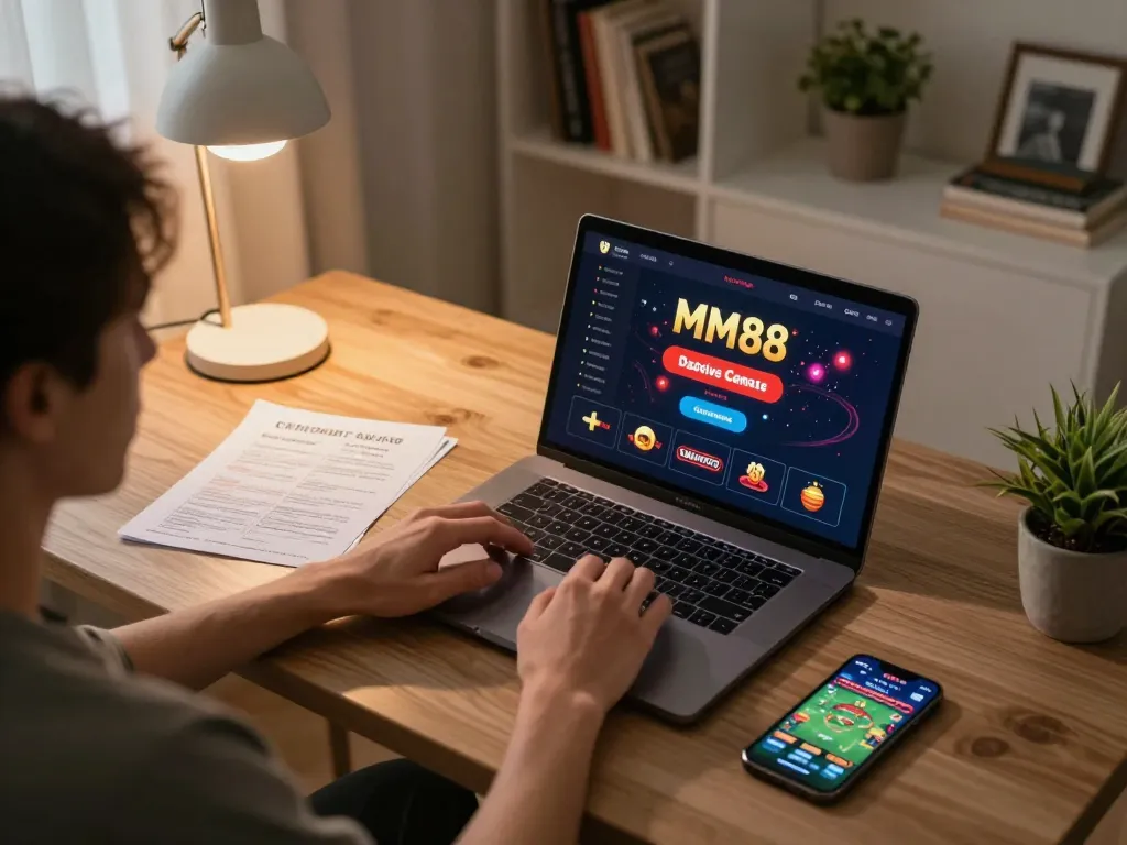 MM88 player strategizing bets on laptop while enjoying a cozy home gaming environment.