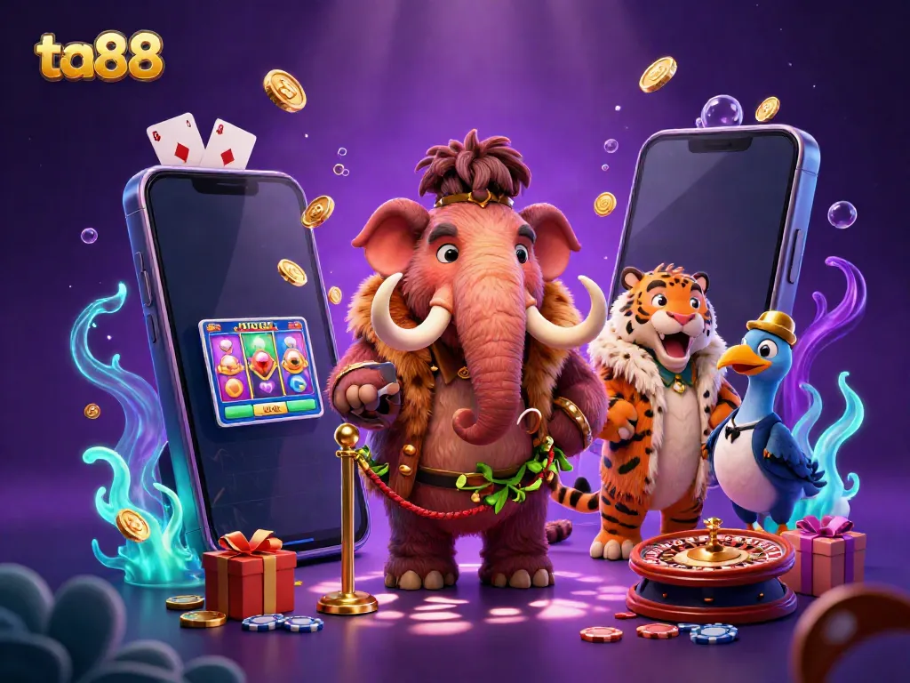 Experience vibrant moments at ta88 with a woolly mammoth bouncer, a saber-tooth VIP, and a dodo doorman in a dynamic casino setting.