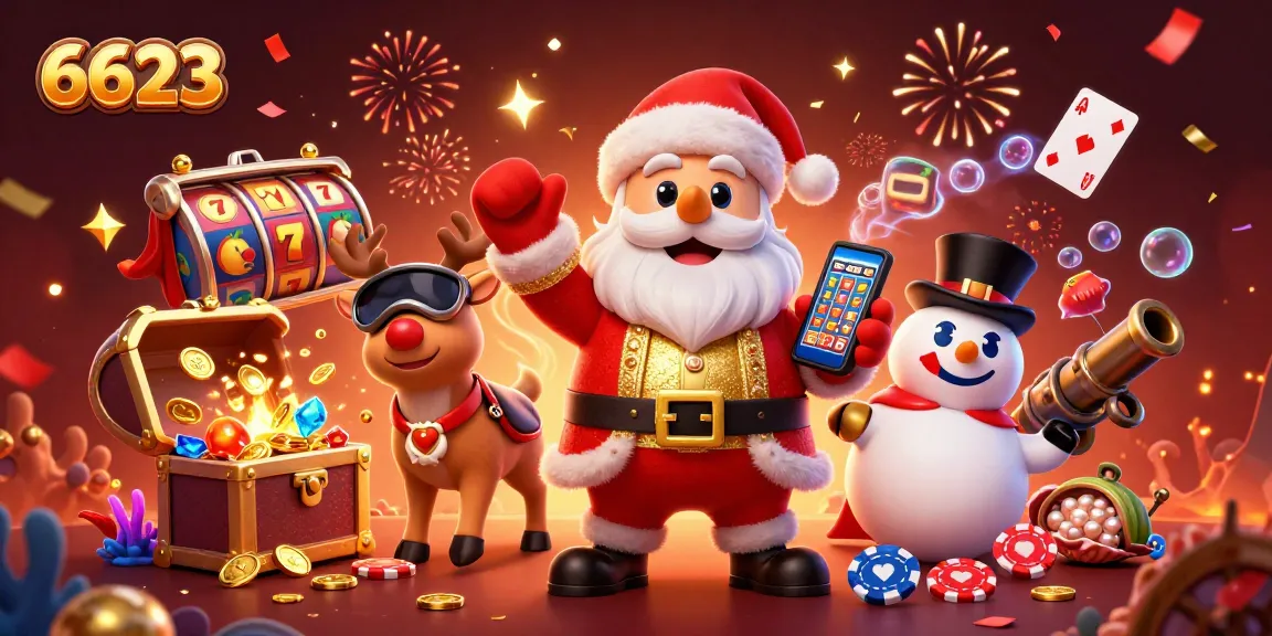 Experience thrilling jackpot slots at 6623 in this captivating casino illustration featuring Santa and friends.
